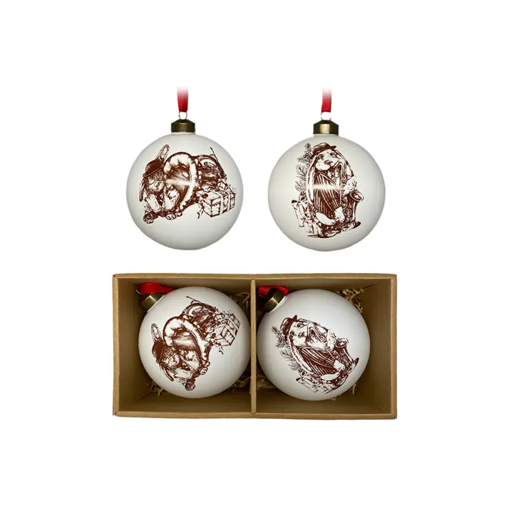 Шары с принтом ЗАЙЦЫ ТРУБАЧИ в наборе D12 см, 2 шт, стекло, белый, сепия