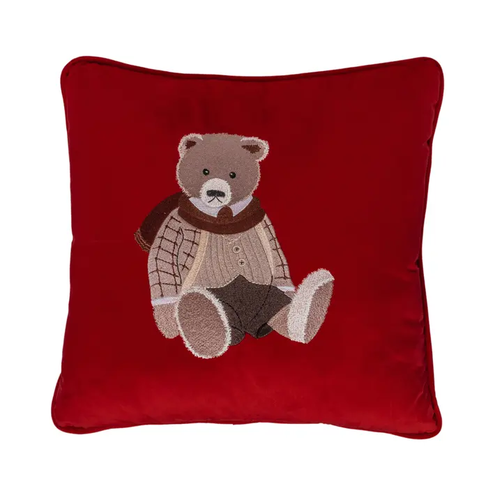 Подушка с вышивкой МИШКА, 50х50 см, текстиль, красный