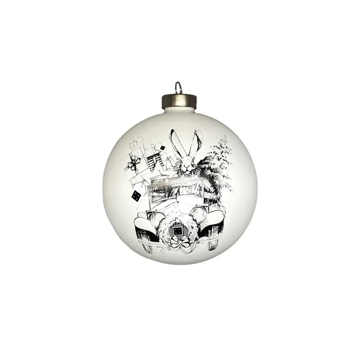 Шар с принтом ЗАЯЦ С ПОДАРКАМИ D12 см, стекло, белый, чёрный