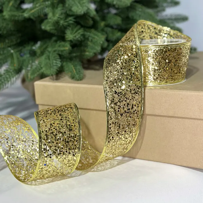 Лента с пайетками, W6,3 см, L10 м, полиэстер, золотой