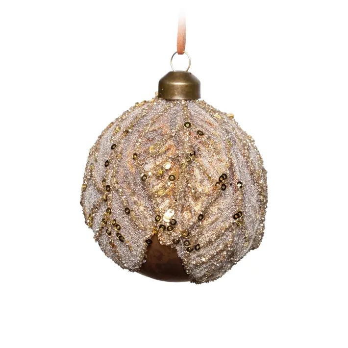 Шар ЛИСТЬЯ D10 см с глиттером, стекло, коричневый, золотой