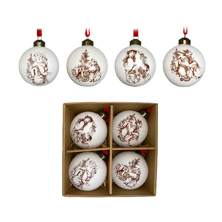 Шары с принтом ЗАЙЦЫ в наборе D8 см, 4 шт, стекло, белый, сепия