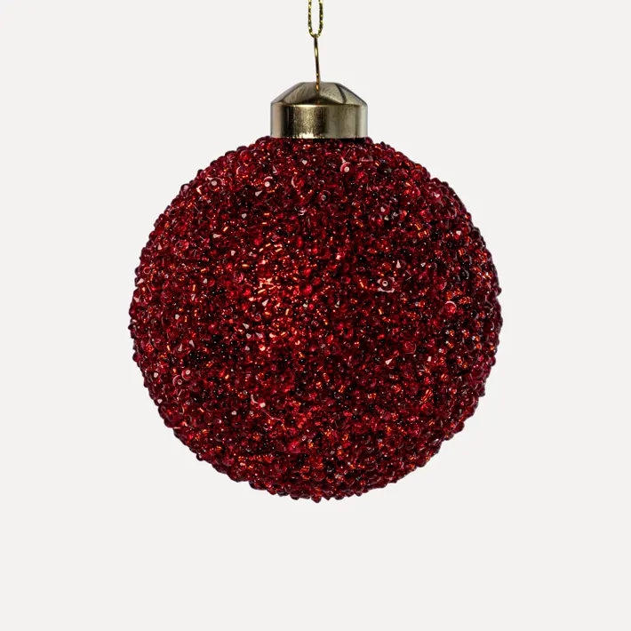Шар D8 см с бисером, стекло, красный