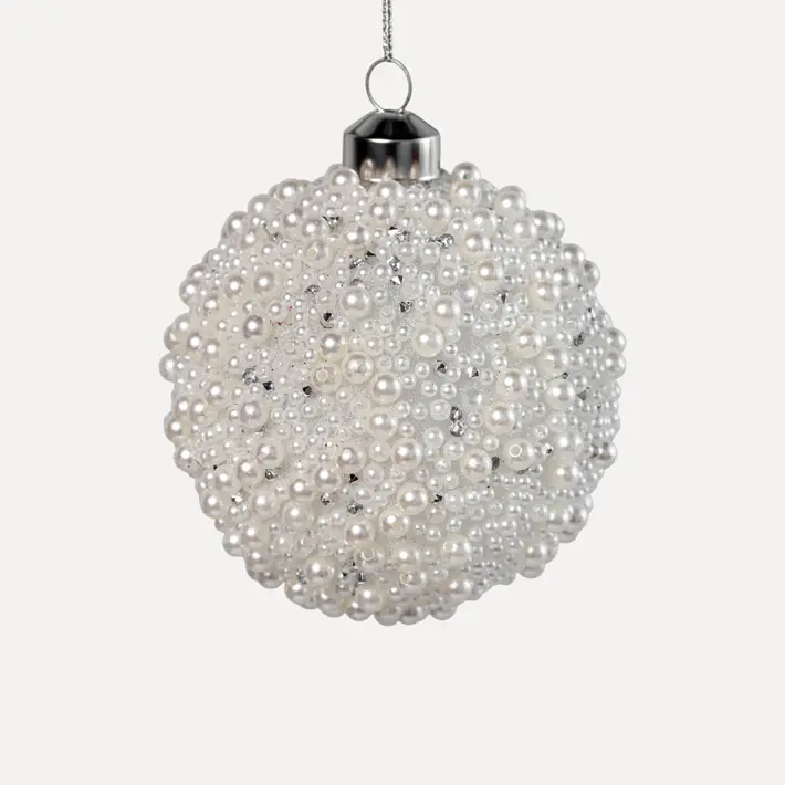 Шар D8 см с бисером, стекло, белый