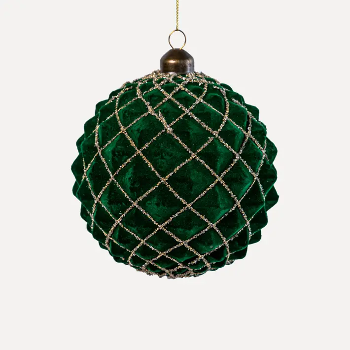 Шар D12 см, стекло, флок, зеленый, золотой