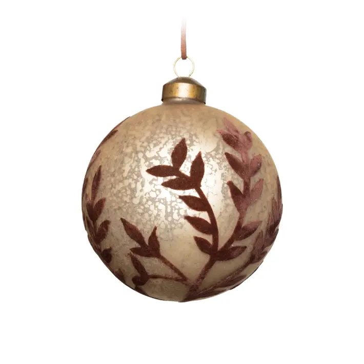 Шар ЛИСТЬЯ с бархатом D10 см, стекло, шампань, коричневый