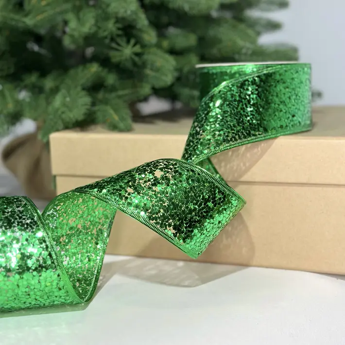 Лента с пайетками, W6,3 см, L10 м, полиэстер, зеленый