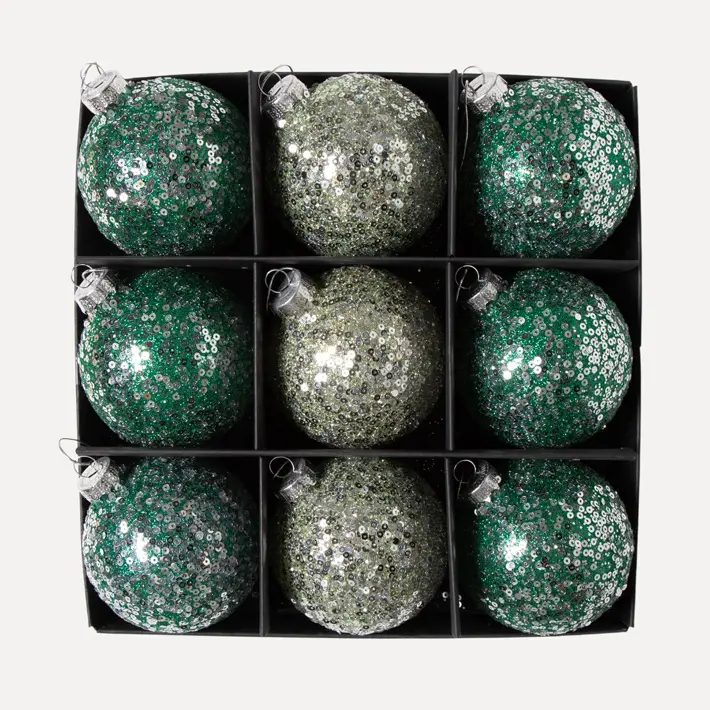 Шары с пайетками в наборе D8 см, 9 шт, стекло, зелёный