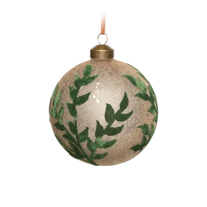 Шар ЛИСТЬЯ с бархатом D10 см, стекло, шампань, зеленый