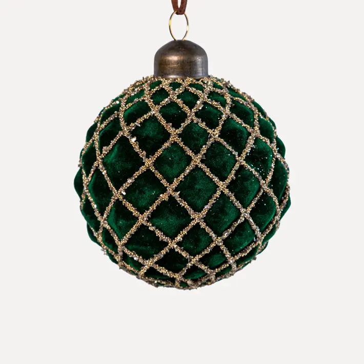 Шар D8 см, стекло, флок, зеленый, золотой
