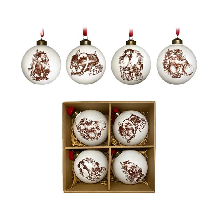 Шары с принтом ЗАЙЦЫ ОРКЕСТР в наборе D10 см, 4 шт, стекло, белый, сепия