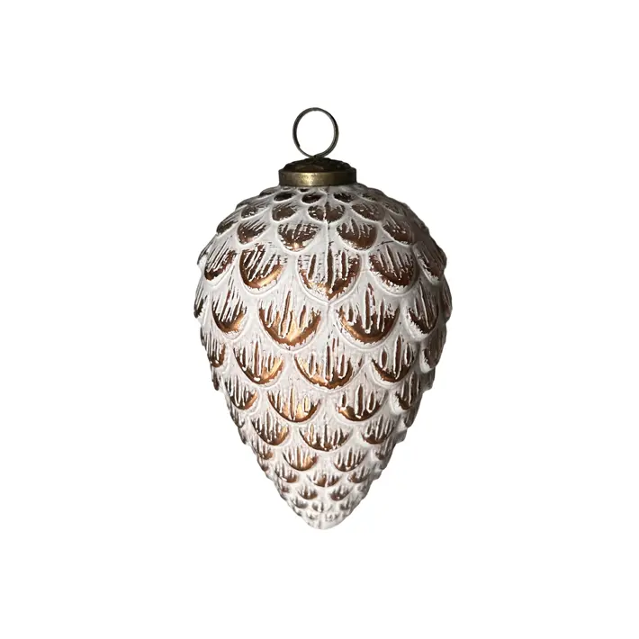 Подвес ШИШКА H15 см, заснеженный, стекло, медный, белый
