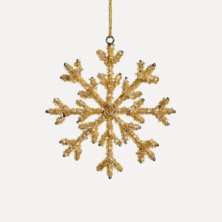 Подвес СНЕЖИНКА с бисером H13 cм, металл, стекло, золотой