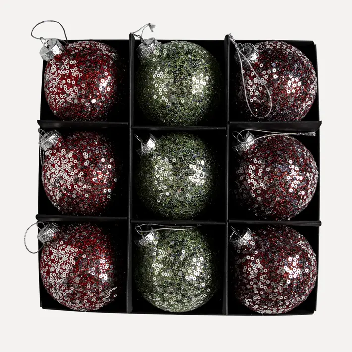 Набор шаров с пайетками D8 см, 9 шт, стекло, зелёный, красный, коричневый