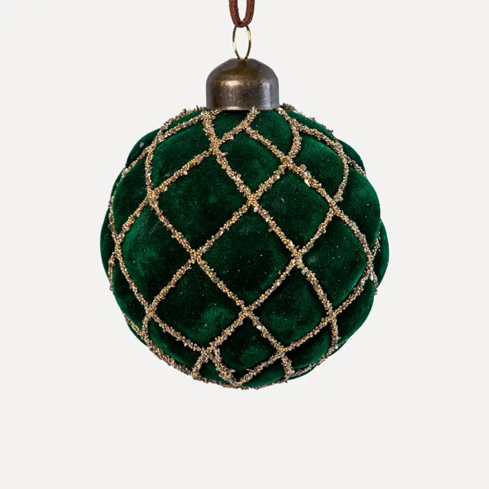 Шар D8 см, стекло, флок, зеленый, золотой