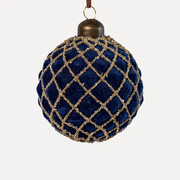 Шар D8 см, стекло, флок, синий, золотой