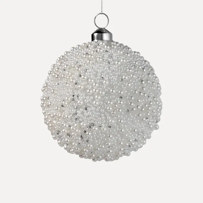 Шар D12 см с бисером, стекло, белый