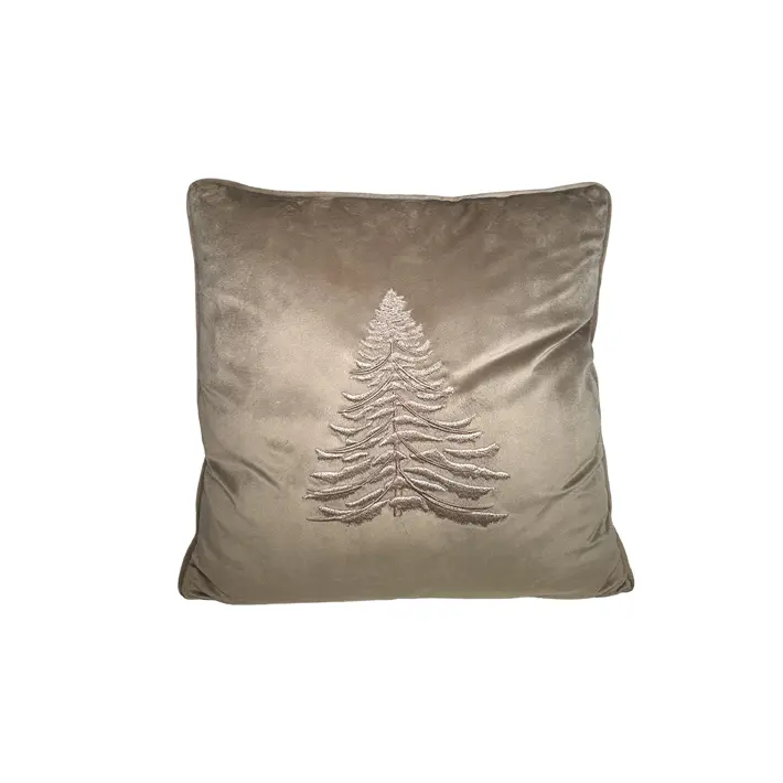 Подушка с вышивкой ЕЛКА, 50х50 см, текстиль, бежевый