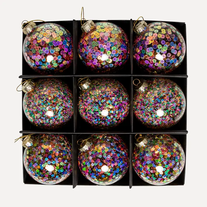 Шары с пайетками в наборе D8 см, 9 шт, стекло, мультиколор