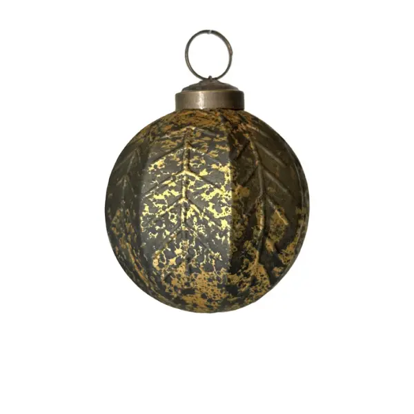 Шар D8 см с узором ЛИСТЬЯ, стекло, золотой