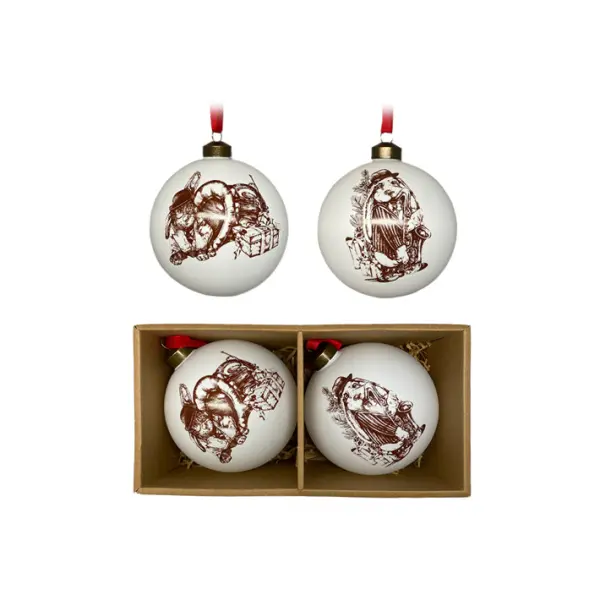 Шары с принтом ЗАЙЦЫ ТРУБАЧИ в наборе D12 см, 2 шт, стекло, белый, сепия