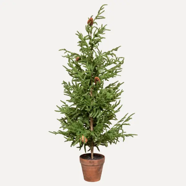 Ель в кашпо с шишками, H123 см, пластик, зеленый