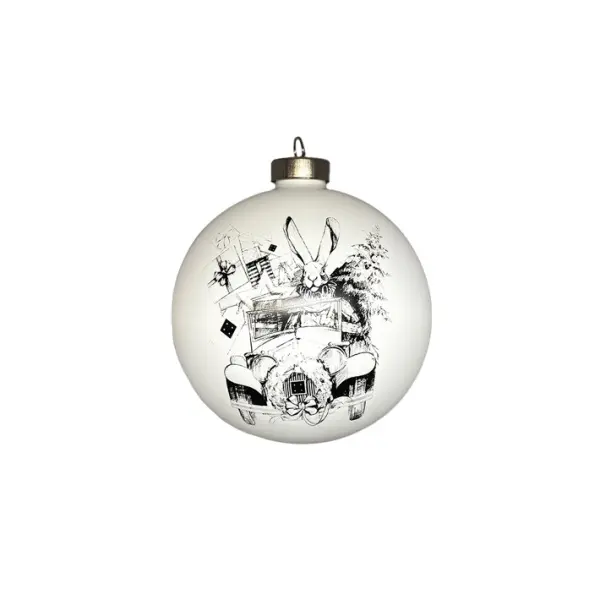 Шар с принтом ЗАЯЦ С ПОДАРКАМИ D12 см, стекло, белый, чёрный