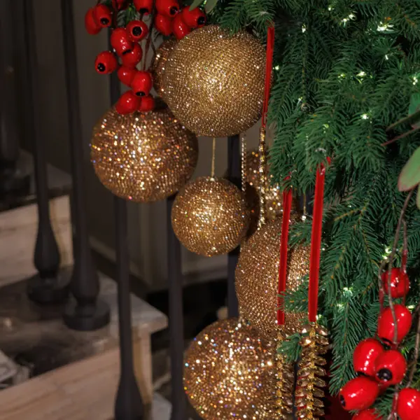 Шар D15 см c кристаллами, пластик, стекло, золотой