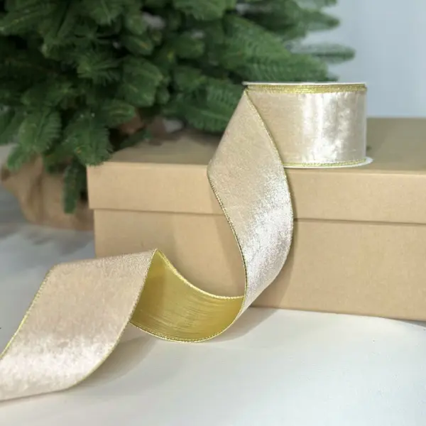 Бархатная лента, W6,3 см, L10 м, полиэстер, шампань