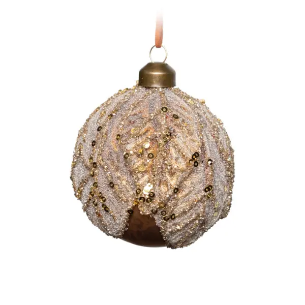 Шар ЛИСТЬЯ D10 см с глиттером, стекло, коричневый, золотой