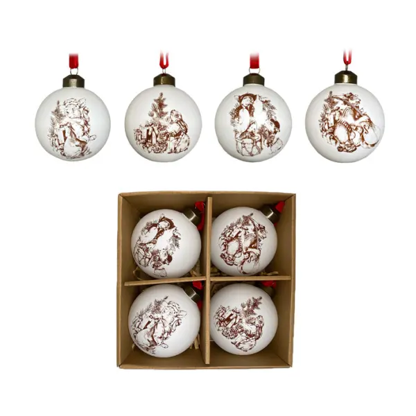 Шары с принтом ЗАЙЦЫ в наборе D8 см, 4 шт, стекло, белый, сепия