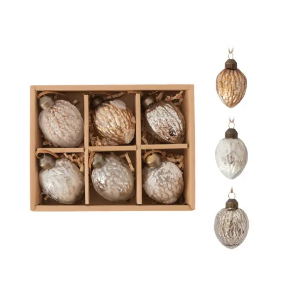 Подвесы в наборе ШИШКИ, H6 см, 6шт, стекло, серебряный, коричневый, шампань