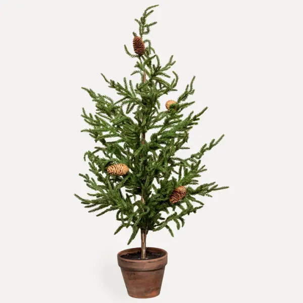 Ель в кашпо с шишками, H93 см, пластик, темно-зеленый