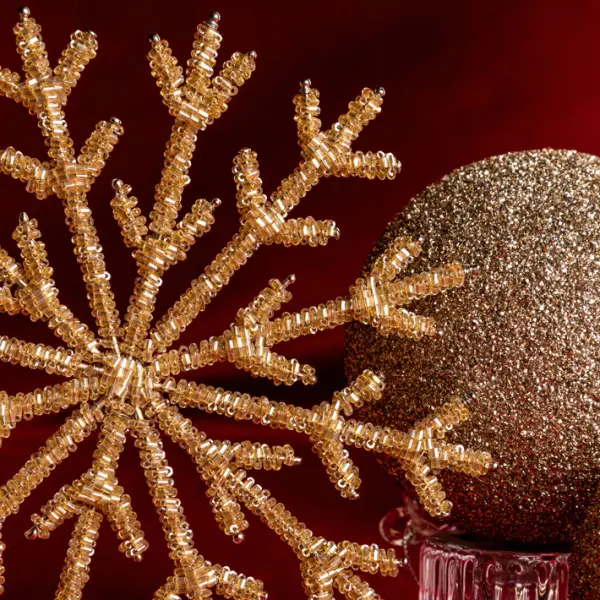 Подвес СНЕЖИНКА с бисером H18 см, металл, стекло, золотой