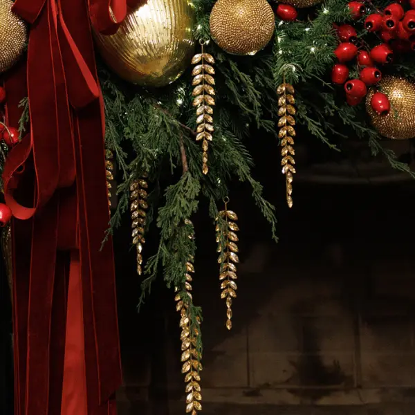 Подвес ЛИСТЬЯ с кристаллами H17 см, металл, стекло, золотой