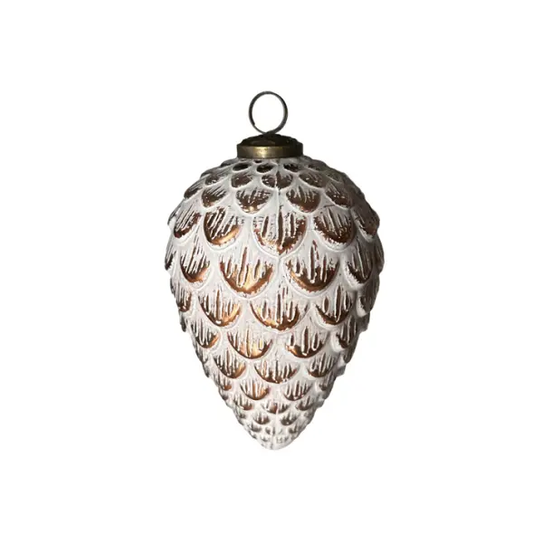 Подвес ШИШКА H15 см, заснеженный, стекло, медный, белый