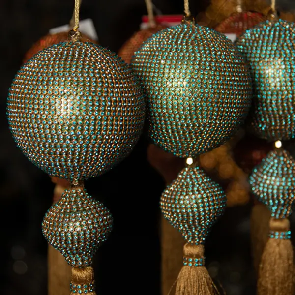 Шар D10 см c подвесом с кристаллами, пластик, бирюзовый, золотой