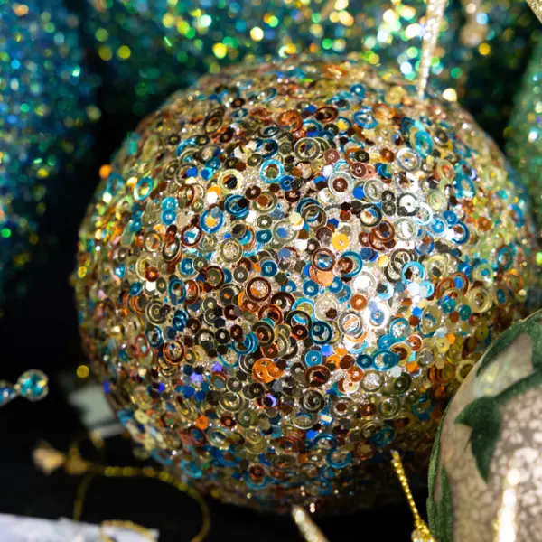 Шар D12 см с пайетками, пенопласт, бирюзово-золотой, мультиколор