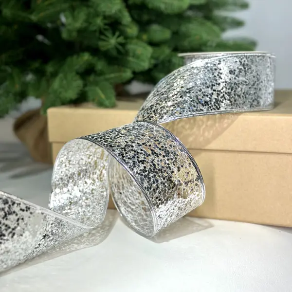 Лента с пайетками, W6,3 см, L10 м, полиэстер, серебряный