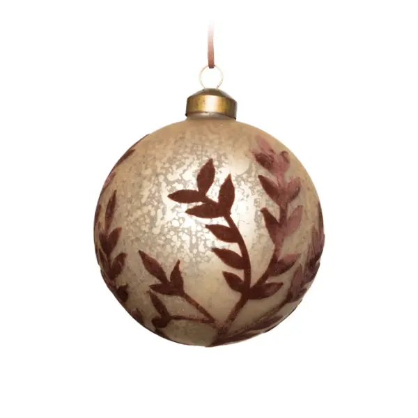 Шар ЛИСТЬЯ с бархатом D10 см, стекло, шампань, коричневый