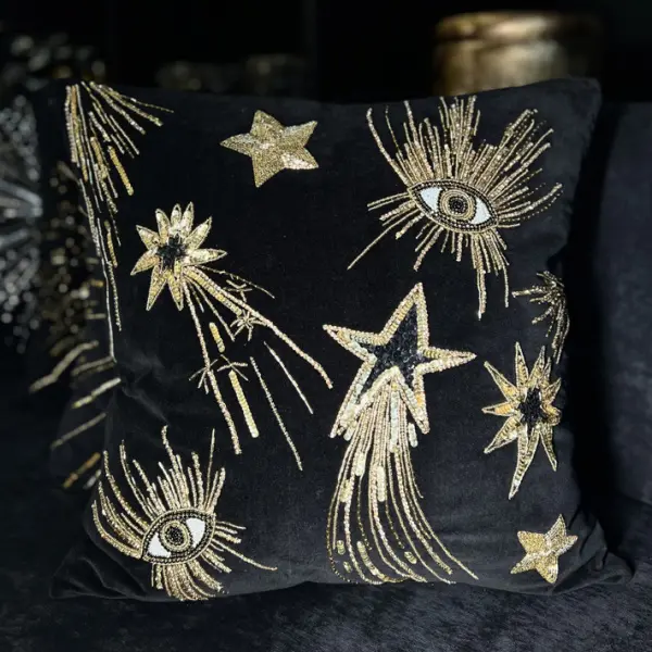 Подушка с вышивкой ЗВЁЗДЫ 50х50 см, текстиль, черный, золотой