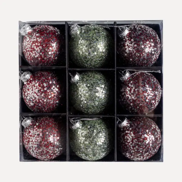 Набор шаров с пайетками D8 см, 9 шт, стекло, зелёный, красный, коричневый