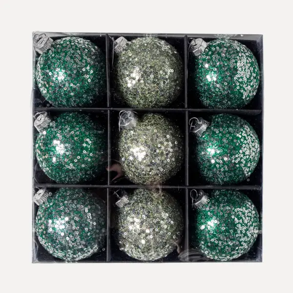 Шары с пайетками в наборе D8 см, 9 шт, стекло, зелёный