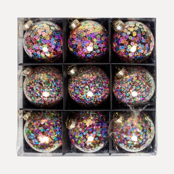 Шары с пайетками в наборе D8 см, 9 шт, стекло, мультиколор