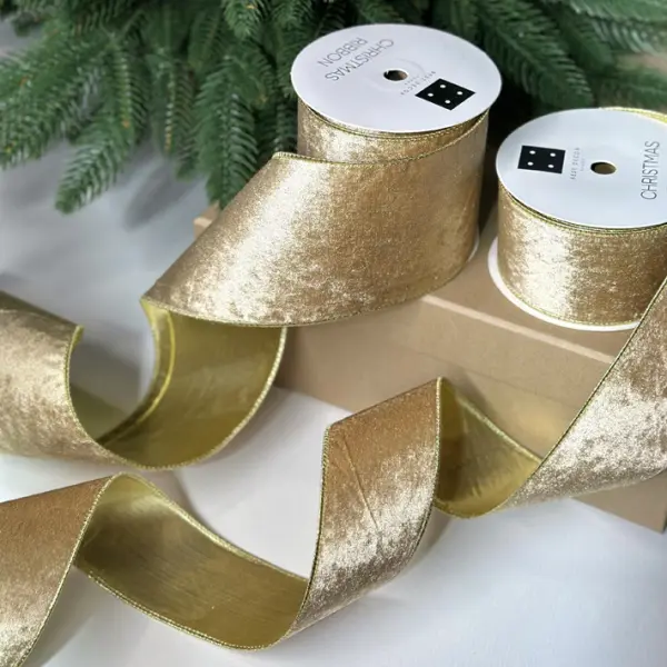Бархатная лента, W6,3 см, L10 м, полиэстер, золотой