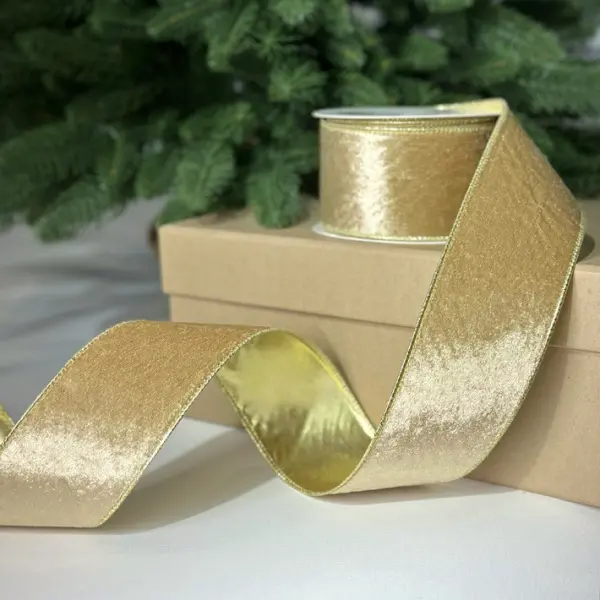 Бархатная лента, W6,3 см, L10 м, полиэстер, золотой